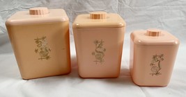 3 Vtg Pink Kitchen Nesting Canisters MCM Atomic Flowers Flour Sugar Tea USA Made - £59.17 GBP