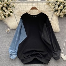 DEAT Fashion work Design Denim Sweatshirt Women&#39;s New Loose Versatile O-neck Lon - £73.23 GBP