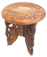 Vintage Wooden Teak Display Stand Floral Carvings White Inlaid 6.5&quot; Tall - £11.08 GBP