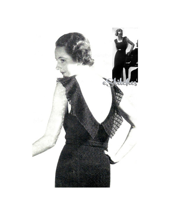 1930s Backless Ruffle Evening Gown/Wedding Dress  - Crochet pattern (PDF 3702) - $4.25