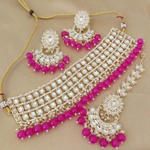 Gold Plated Indian Bollywood Style Kundan Chick Necklace Rani Pink Jewelry Set - £37.35 GBP