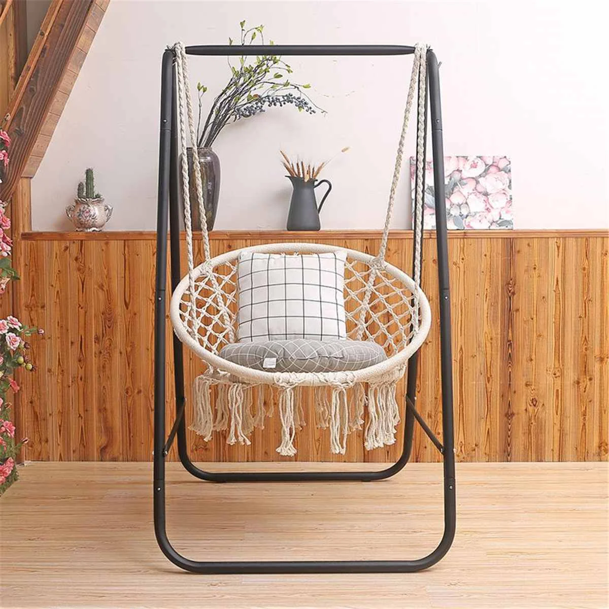 Modern Hanging Hammock Swing Cotton Rope Chair  Stand Patio Garden Hammo Ra Set  - £221.71 GBP