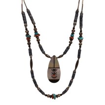 Vtg Necklace Turquoise Coral Tribal Silver Tube Beads Southwest Boho Two strand - £77.81 GBP