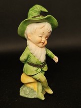 Vintage 1980s Giftcraft Happy Elf Pixie on Mushroom Bisque Porcelain Figurine - £27.23 GBP