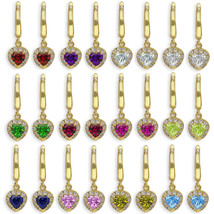 CZ .925 Sterling Silver 14k Y Gold Dangling Halo Birthstone Heart Drop Earrings - $38.49