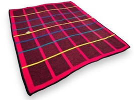 Vtg Biederlack Hot Pink Plaid Grid Throw Blanket Fleece Colorful Distressed - £30.28 GBP