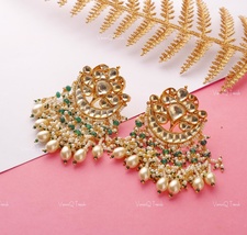 VernioQ Trends-Traditional Chandbali Style Gold Plated Pachi Kundan Earrings - £58.99 GBP