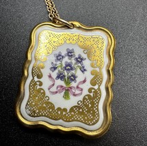 Vintage Valentine Pendant Purple Flowers Porcelain Tile 12 Gold Filled Necklace - $32.73