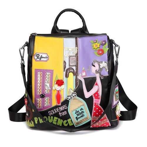 Women Bags Leather Patchwork Embroidery Backpack Schoolbag Student Bag Travel Ba - $104.51