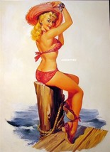 Joyce Ballantyne 9 X12 Pin Up In Sexy Polka Dot Red Bikini At The Fishing Pier! - £13.44 GBP