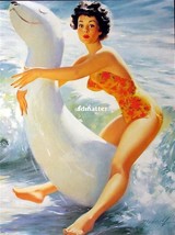 Bill Medcalf Pin Up Girl Poster Sexy Swimmer Riding Seal! Photo Ocean Art Print! - $7.91