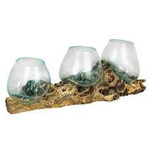 Driftwood Base Triple Melted Glass Decorative Terrarium Bowl Vase Home Décor - £140.92 GBP