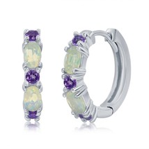 Sterling Silver White Opal &amp; Amethyst 18mm Hoop Earrings - £63.16 GBP