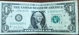 US$1 Fancy Serial Banknote 2017A 6-of-1-kind Trinary 33353337 - $5.95