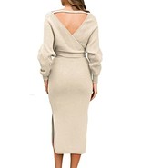Used 1 time Long Sleeve V-NECK WRAP KNIT DRESS Sz M Sweater Outfit Beige... - €16,83 EUR