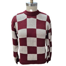 Vtg 90s Y2K Maroon/White Checker Board Knit Sweater Ribbed Knit Trim Mens M - $38.55