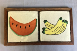 Vintage Trivet Pottery Hand Painted Clay Tiles Wood Frame Watermelon Bananas - £11.04 GBP
