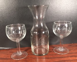 Vtg Mid Century Wine Carafe W/ 2 Matching Wine Glasses Etched Sailboats ... - $14.99