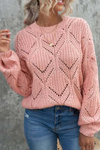 Pink Crewneck Balloon Sleeve Textured Knit Sweater - £24.84 GBP