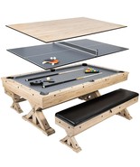 3 in 1 Rustic Oak Game Table - Pool Table w Dining Table Top + Ping Pong... - $4,272.84 CAD