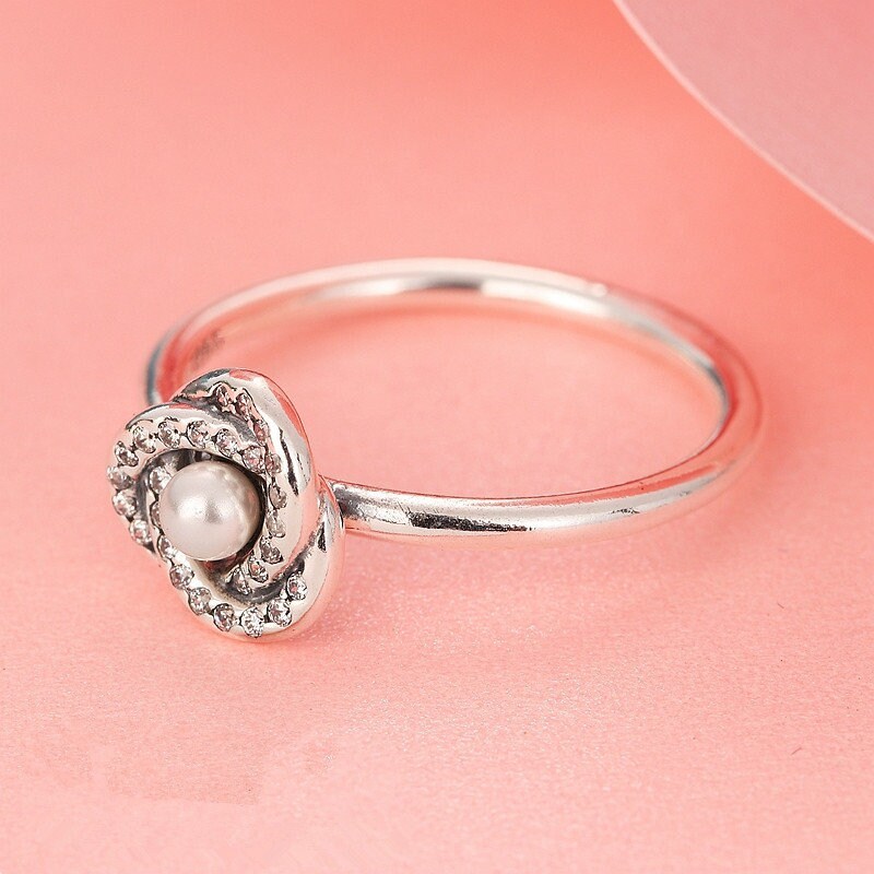 925 Sterling Silver Luminous Love Knot Ring White Crystal and Pearl Ring Item image 3