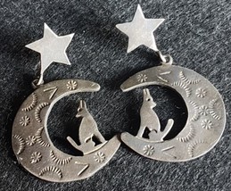 MEXICO 925 Taxco Silver Vintage Crescent Moon &amp; Wolf Dangle Earrings - £47.77 GBP