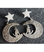 MEXICO 925 Taxco Silver Vintage Crescent Moon &amp; Wolf Dangle Earrings - £47.42 GBP