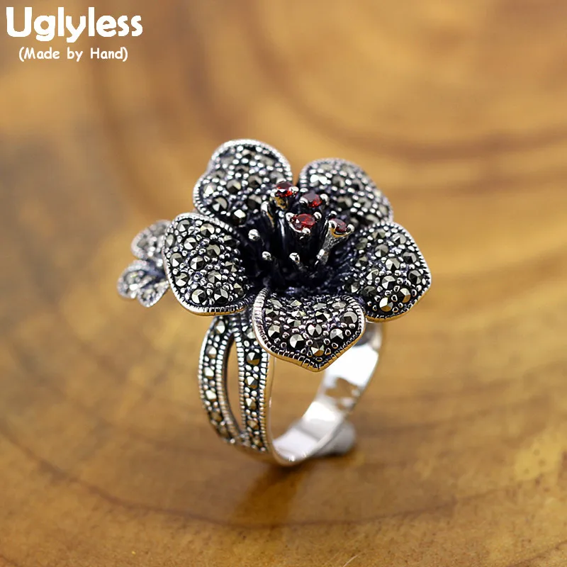 Vintage Thai Silver Double Flowers Rings for Women Big Size Floral Open Rings So - £59.90 GBP