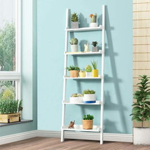 Ladder Shelf Display Rack 5-Tier Wall-leaning for Plants and Books-White - £87.14 GBP