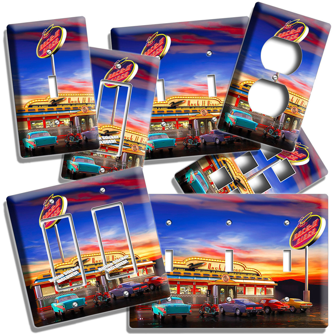 RETRO 50'S DINER CARS NEON LIGHTS LIGHT SWITCH OUTLET WALL PLATE ROOM HOME DECOR