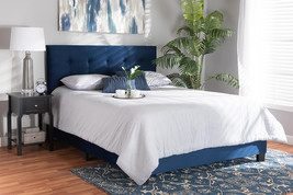 Deacon Glam Navy Blue Velvet Fabric Upholstered Queen Size Panel Bed - $3,456.16 MXN