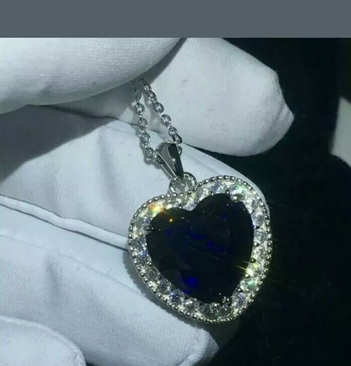 2.50Ct Heart Simulated Blue Sapphire Halo Pendant 14K White Gold Plated - £81.83 GBP