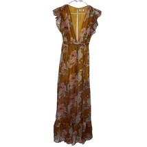 Luxxel Maxi Dress Plunging Neckline Cap Ruffle Sleeves Yellow Gold Flora... - $497.99 MXN