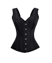 Black Satin Shoulder Strap Gothic Burlesque Halloween Costume Overbust Corset - £65.25 GBP