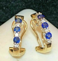 Vintage Estate 14K Gold Over Blue Sapphire &amp; Diamond Earrings Omega French Backs - £75.30 GBP