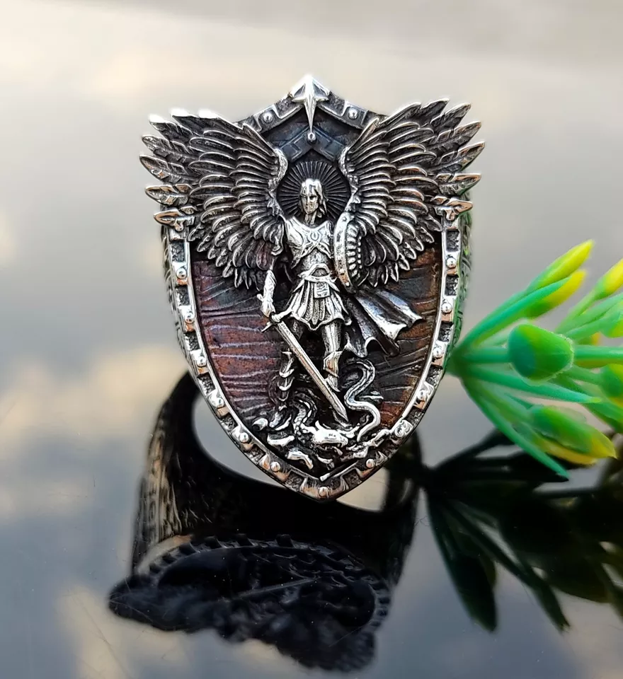 Handcrafted 925 Sterling Sliver Saint Michael Archangel Wing Zodiac Men's Ring  - $109.20 - $117.79