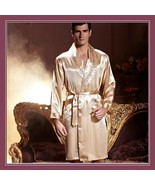 Men&#39;s Apricot Silk Long Sleeve Satin Robe with Silk Tie Sash Belt Front ... - £77.87 GBP