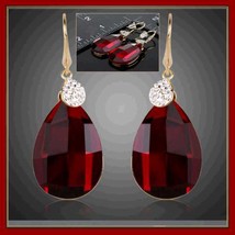Vintage Ruby Red Cushion Cut Quartz &amp; Rhinestones 18 K Gold Plate Drop Earrings - £39.12 GBP