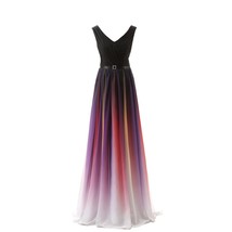 Kivary? Black V Neck Sash Gradient Ombre Chiffon Long Formal Prom Evening Dresse - $128.69