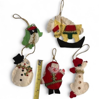 Vintage Handmade Sequin/Felt Santa Snowman Frog Christmas Ornaments Lot Of 5 Item image 2