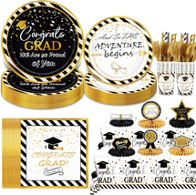Graduation Party Supplies Set-Black and Gold 2024 Graduation Party Decorations C - £24.42 GBP