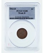 1922-D 1C Wheat Penny Weak D Graded by PCGS as VG-08! Gorgeous! - $350.02