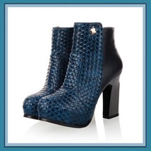 Retro Blue Black or Tan Snakeskin Faux Leather Martin Heel Fashion Ankle Boot