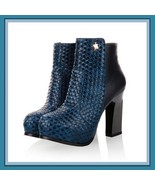 Retro Blue Black or Tan Snakeskin Faux Leather Martin Heel Fashion Ankle... - £93.99 GBP
