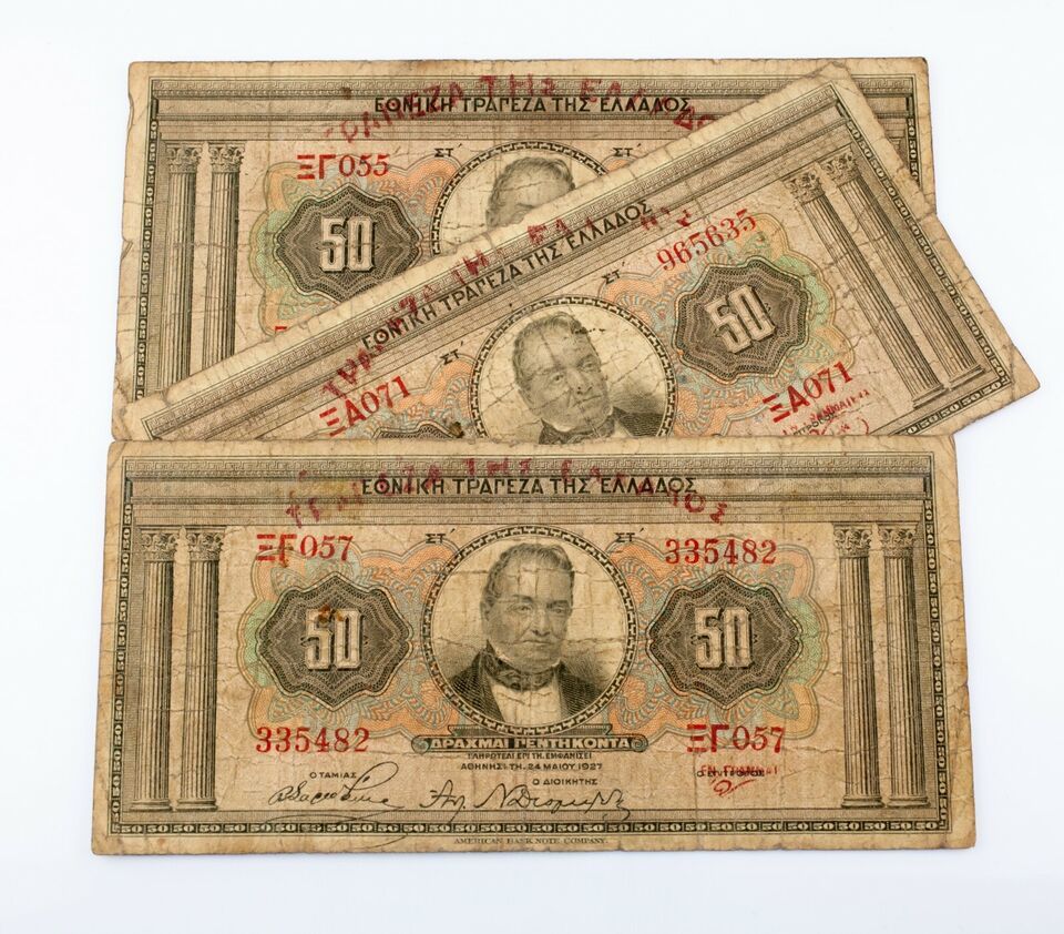 Primary image for 1927 Greece 50 Drachmai Banknote Lot of 3 (Fine Condition) P# 97a