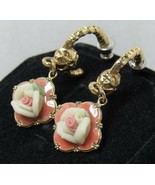 Pink Enamel Paste Rose Flower Gold Tone Stud Earrings Costume Post Dangle - £7.85 GBP