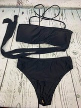 Women Bandeau Tie Waist High Waisted Two Pieces Bikini Set Swimsuit Medium Black - £18.61 GBP