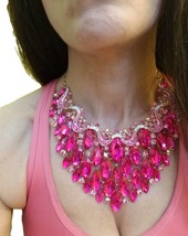 Hot Pink Statement Necklace, Bridal Rhinestone Necklace, Stage Pageant Jewelry,  - £92.70 GBP