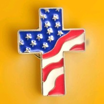 Cross USA Flag Pin Patriotic Christian Gold Tone Enamel Red White Blue S... - £10.31 GBP