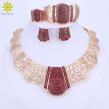 New Fashion Gold Color Wedding Jewelry Sets Red Crystal Choker Necklace Earrings - £21.37 GBP